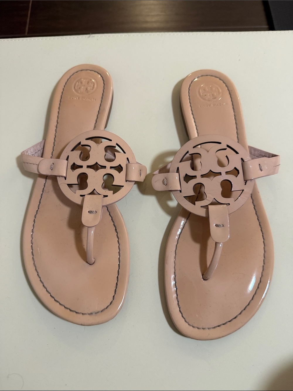 Tory Burch Nude Patent Leather Logo Thong Sandals